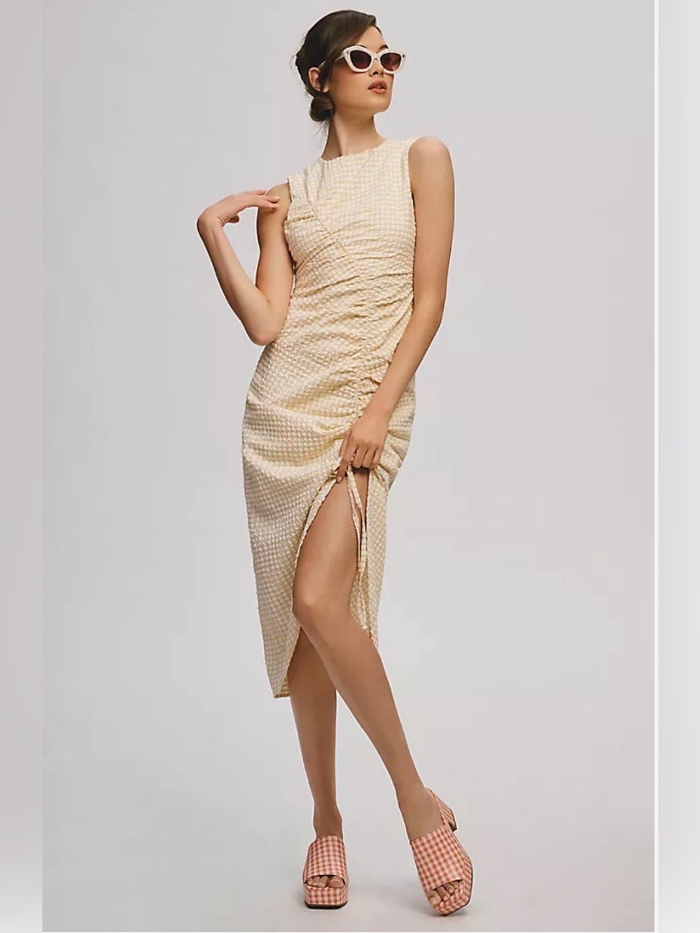 Anthropologie Maeve Ruched Gingham Dress in yellow-Size 8